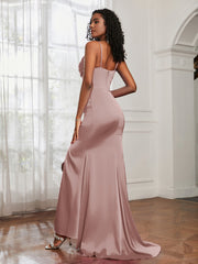 Cowl Neck Mermaid Satin Prom Dress Dusty Rose Plus Size