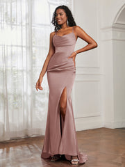 Cowl Neck Mermaid Satin Prom Dress Dusty Rose Plus Size