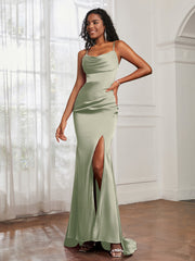 Cowl Neck Mermaid Satin Prom Dress Dusty Sage Plus Size