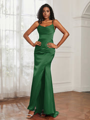 Cowl Neck Mermaid Satin Prom Dress Emerald