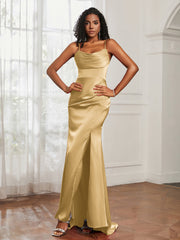 Cowl Neck Mermaid Satin Prom Dress Gold Plus Size