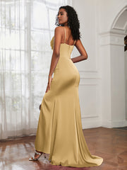 Cowl Neck Mermaid Satin Prom Dress Gold Plus Size