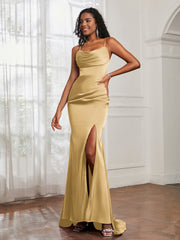 Cowl Neck Mermaid Satin Prom Dress Gold Plus Size