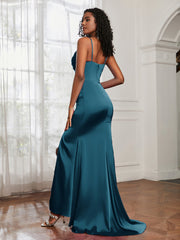Cowl Neck Mermaid Satin Prom Dress Ink Blue Plus Size
