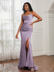 Cowl Neck Mermaid Satin Prom Dress Lilac Plus Size