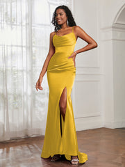 Cowl Neck Mermaid Satin Prom Dress Marigold Plus Size