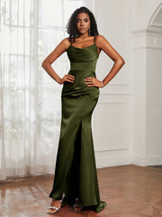 Cowl Neck Mermaid Satin Prom Dress Olive Green Plus Size