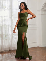 Cowl Neck Mermaid Satin Prom Dress Olive Green Plus Size