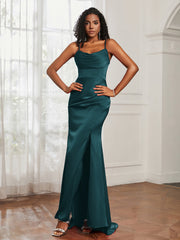 Cowl Neck Mermaid Satin Prom Dress Peacock Plus Size