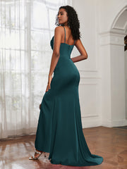 Cowl Neck Mermaid Satin Prom Dress Peacock Plus Size