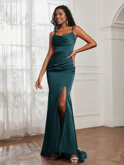Cowl Neck Mermaid Satin Prom Dress Peacock Plus Size