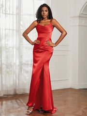 Cowl Neck Mermaid Satin Prom Dress Red Plus Size