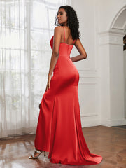 Cowl Neck Mermaid Satin Prom Dress Red Plus Size