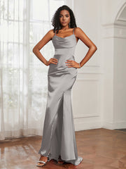 Cowl Neck Mermaid Satin Prom Dress Silver Plus Size