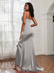 Cowl Neck Mermaid Satin Prom Dress Silver