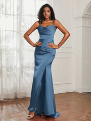 Cowl Neck Mermaid Satin Prom Dress Slate Blue Plus Size
