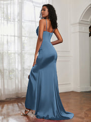 Cowl Neck Mermaid Satin Prom Dress Slate Blue Plus Size