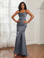 Cowl Neck Mermaid Satin Prom Dress Steel Grey Plus Size