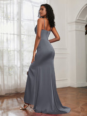 Cowl Neck Mermaid Satin Prom Dress Steel Grey Plus Size