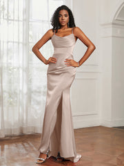 Cowl Neck Mermaid Satin Prom Dress Taupe