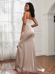 Cowl Neck Mermaid Satin Prom Dress Taupe Plus Size