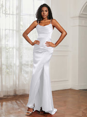 Cowl Neck Mermaid Satin Prom Dress White