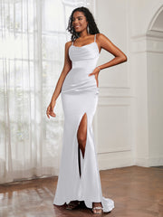 Cowl Neck Mermaid Satin Prom Dress White Plus Size