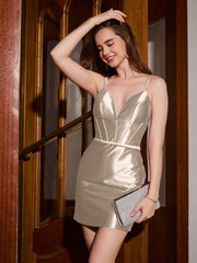 V-neck Corset Top Sheath Short Dress Taupe