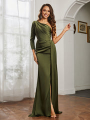 One Shoulder Satin Prom Dress with Slit Olive Green Plus Size