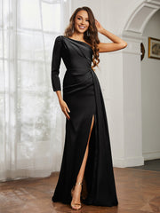 One Shoulder Satin Prom Dress with Slit Black Plus Size
