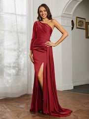 One Shoulder Satin Prom Dress with Slit Burgundy Plus Size