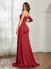 One Shoulder Satin Prom Dress with Slit Burgundy Plus Size