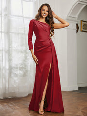 One Shoulder Satin Prom Dress with Slit Burgundy Plus Size