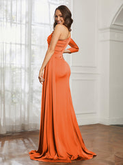 One Shoulder Satin Prom Dress with Slit Burnt Orange Plus Size