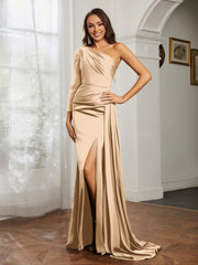 One Shoulder Satin Prom Dress with Slit Champagne Plus Size