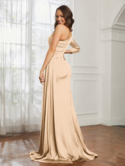 One Shoulder Satin Prom Dress with Slit Champagne Plus Size