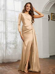One Shoulder Satin Prom Dress with Slit Champagne Plus Size