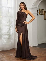 One Shoulder Satin Prom Dress with Slit Chocolate Plus Size