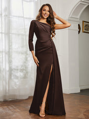 One Shoulder Satin Prom Dress with Slit Chocolate