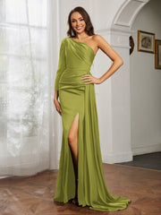 One Shoulder Satin Prom Dress with Slit Clover Plus Size