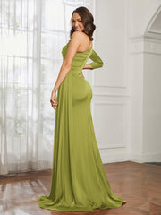 One Shoulder Satin Prom Dress with Slit Clover Plus Size