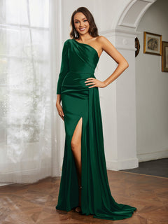 One Shoulder Satin Prom Dress with Slit Dark Green