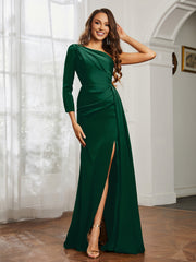 One Shoulder Satin Prom Dress with Slit Dark Green