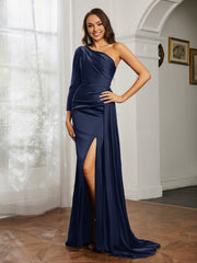 One Shoulder Satin Prom Dress with Slit Dark Navy Plus Size