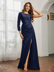 One Shoulder Satin Prom Dress with Slit Dark Navy