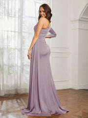 One Shoulder Satin Prom Dress with Slit Dusk Plus Size