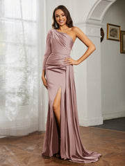 One Shoulder Satin Prom Dress with Slit Dusty Rose Plus Size