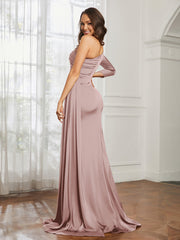 One Shoulder Satin Prom Dress with Slit Dusty Rose Plus Size