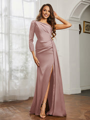 One Shoulder Satin Prom Dress with Slit Dusty Rose Plus Size