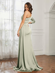 One Shoulder Satin Prom Dress with Slit Dusty Sage
